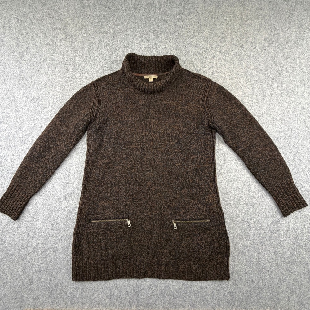 Burberry Brit Brown Marled Cotton Wool Turtleneck Tunic Sweater Zip Pockets L